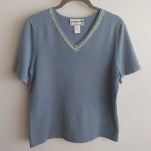 Pendleton Top Sweater Silk Small Short Sleeve V-neck Blue Vintage (692)